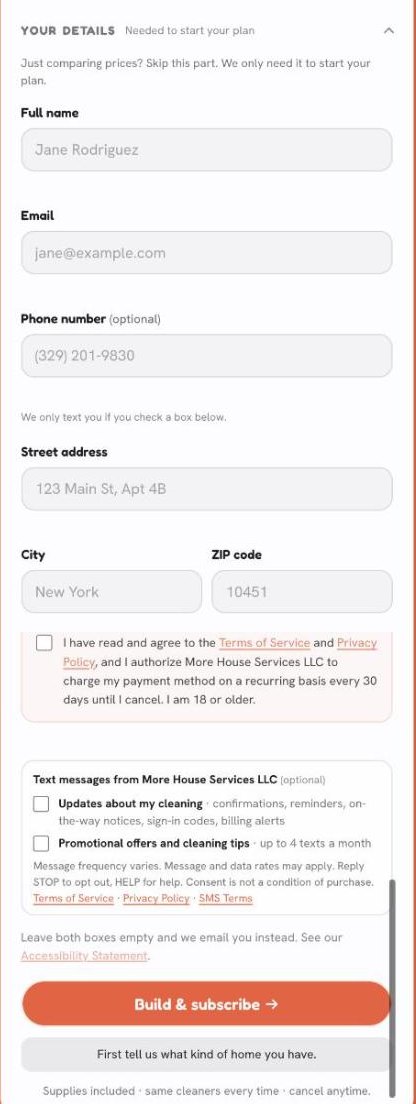 Your details on the residential plan builder at morehousellcny.com: full name, email, the optional phone number field with the note that we only text you if you check a box below, the address, then the required Terms of Service and Privacy Policy checkbox, and below it the block Text messages from More House Services LLC (optional) with two separate checkboxes, one for updates about the cleaning and one for offers, the notice under both, and the Build and subscribe button. All three checkboxes are empty.